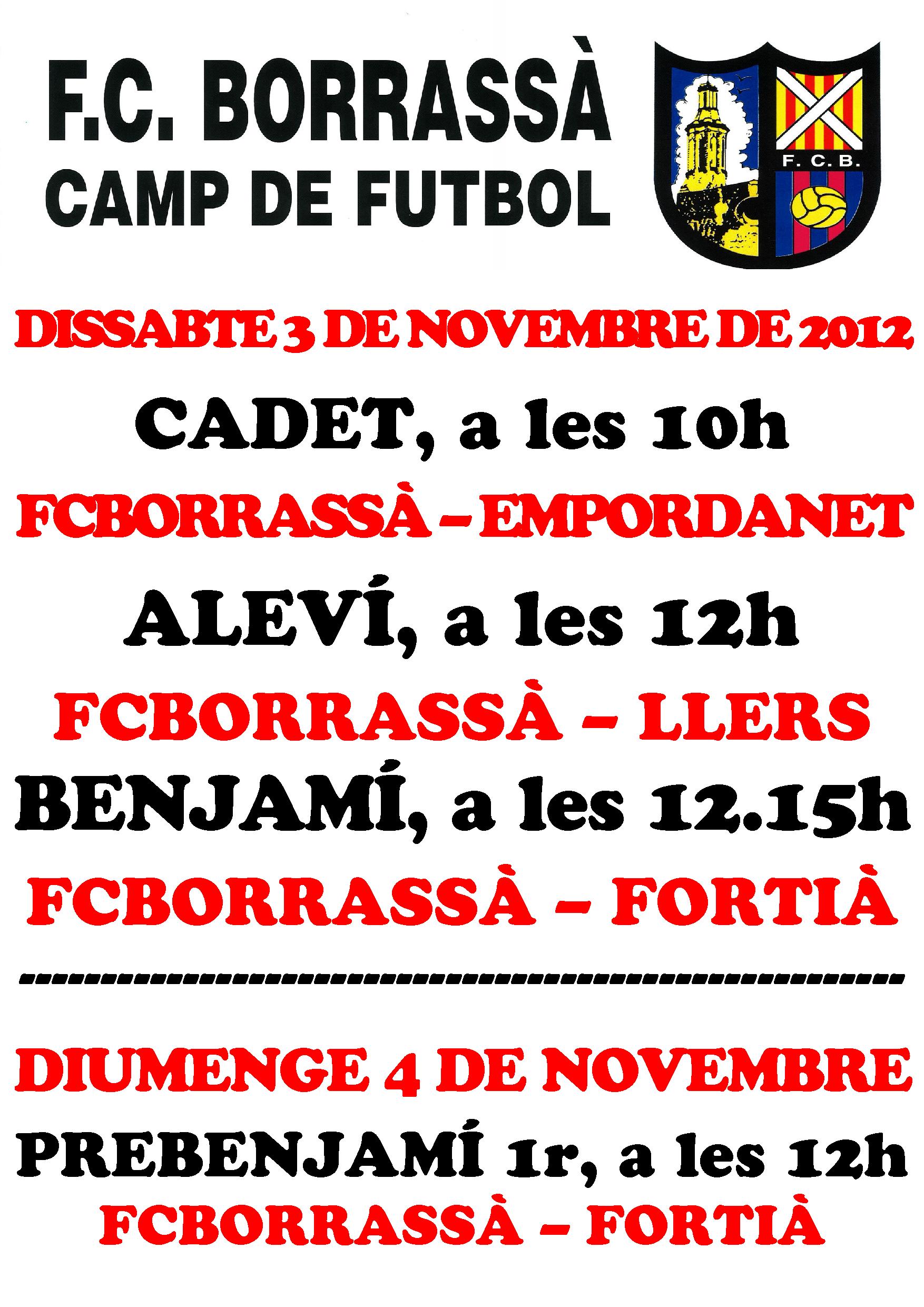 Els cadets, els alevins, els benjamins i els prebenjamins de primer any del Futbol Club Borrassà juguen aquest cap de setmana partits a casa.